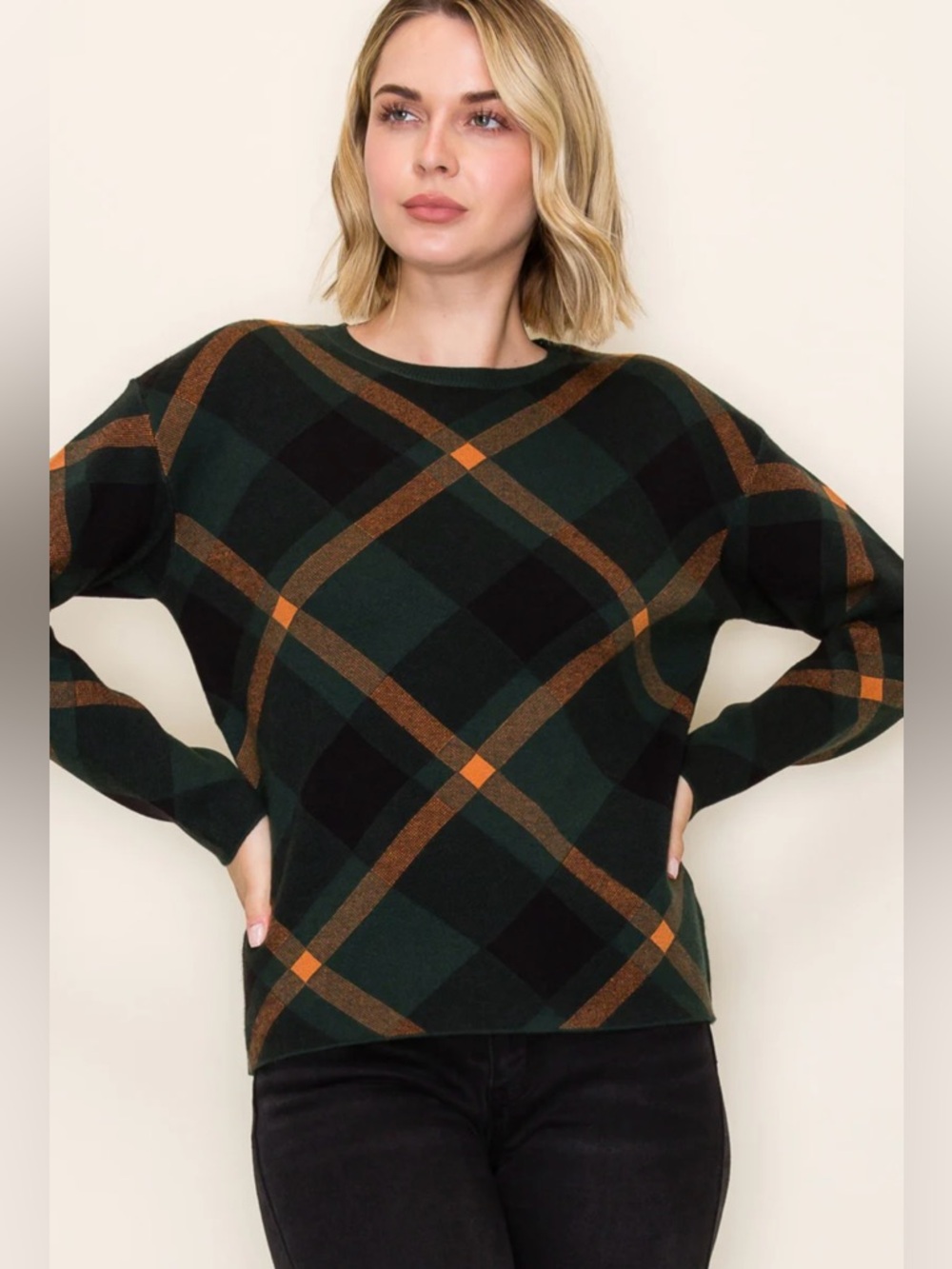 Plaid Crewneck Sweater in Dark Green and Brown/Orange